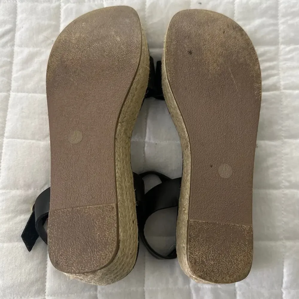 Steve Madden Sandals Womens 9.5 Wedge Espadrille Black Leather Brandice Resort